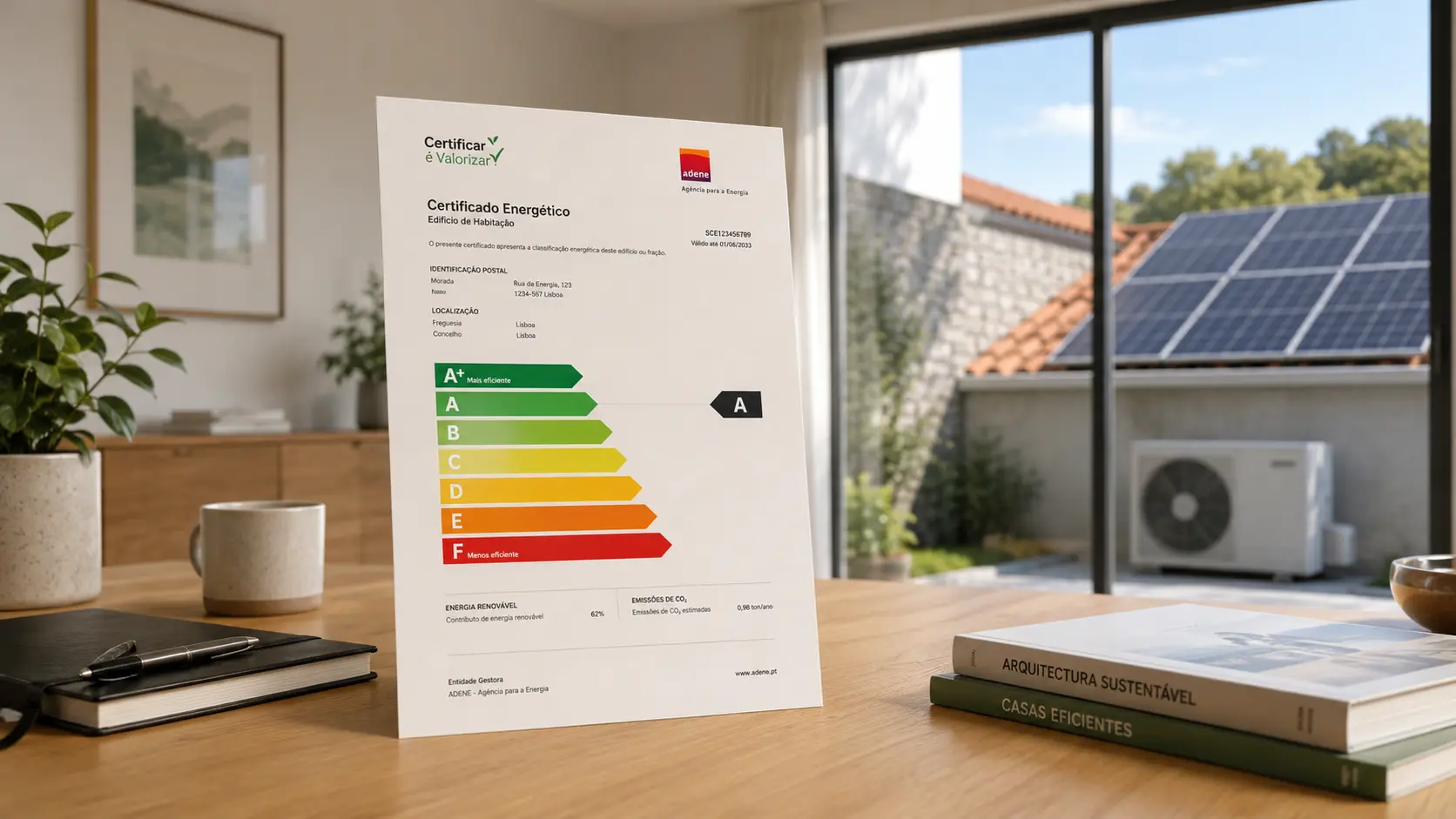 Energy certificate document with energy rating scale from A to F displayed on a modern home