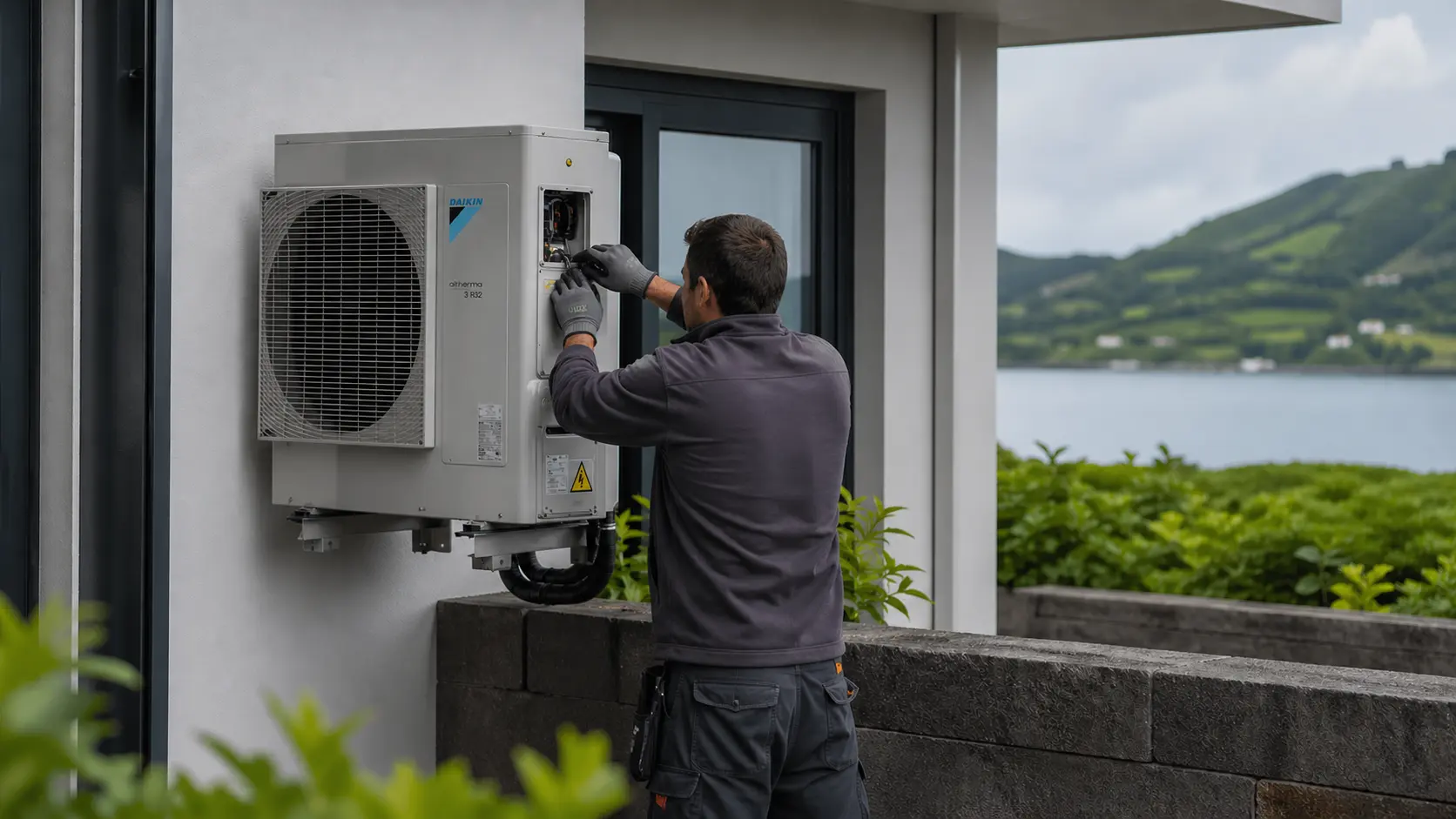 Modern heat pump unit installed outside a home in the Azores