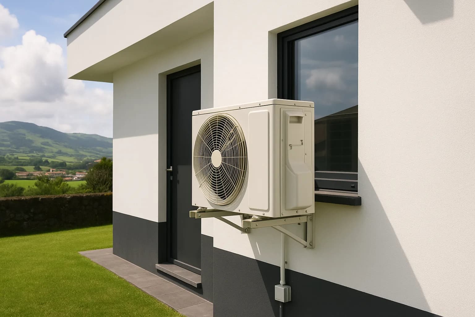Unidade de ar condicionado instalada na parede exterior de uma casa moderna em São Miguel, Açores