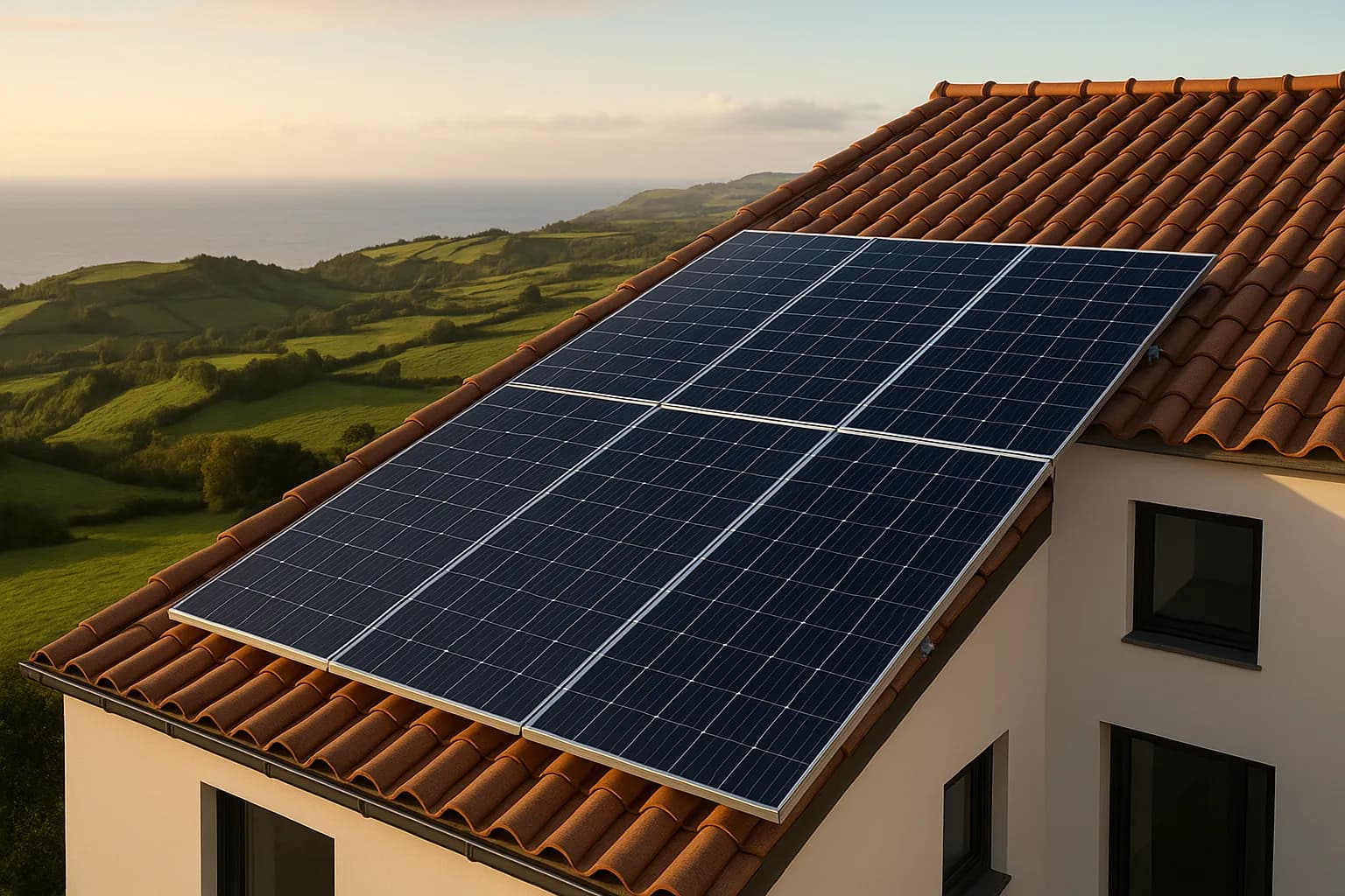 Photovoltaic solar panels installed on the roof of a modern home in São Miguel, Azores